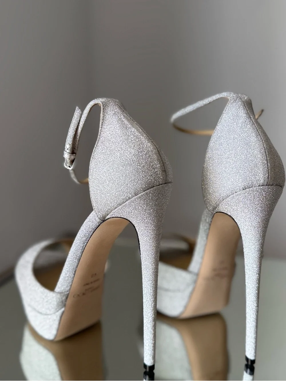 New Jimmy Choo Max 150 Metallic Silver Glitter Fabric Platform Stiletto Sandals